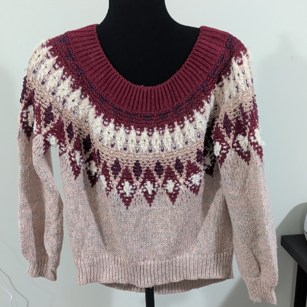 Express Burgundy And Cream Patterned Sweater - image 1